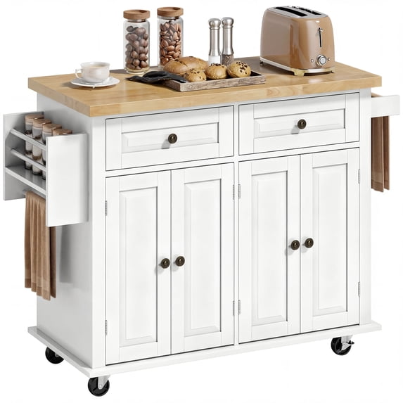 Kitchen Island Cart with Rubber Wood Top, Rolling Kitchen Island Table with Drawers, Adjustable Shelves, Spice Rack & Towel Rack — White