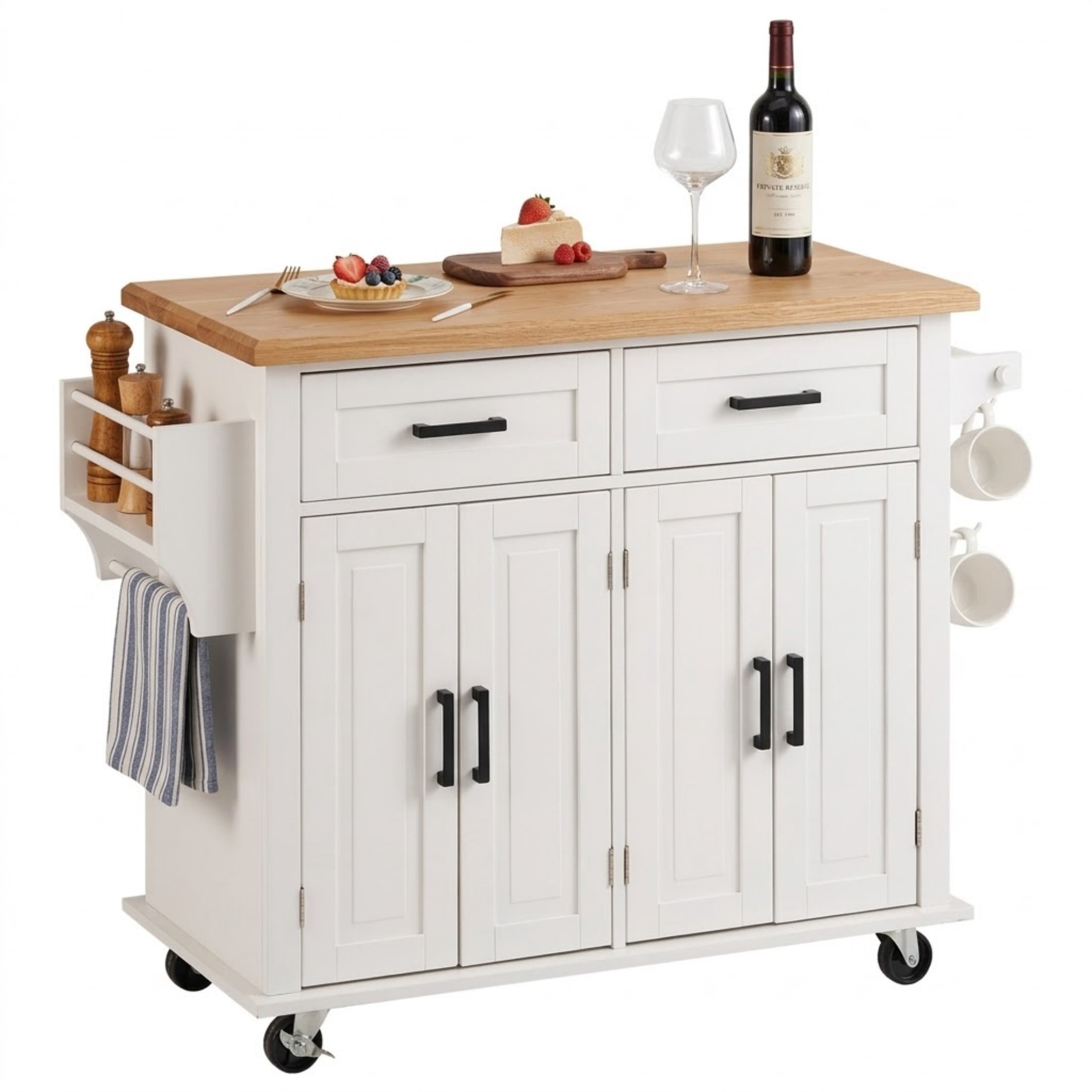 Kitchen Island Cart with Solid Wood Top, 35.4" Wide Mobile Cart with Storage Cabinet, Spice Rack, Towel Rack & Drawer, White