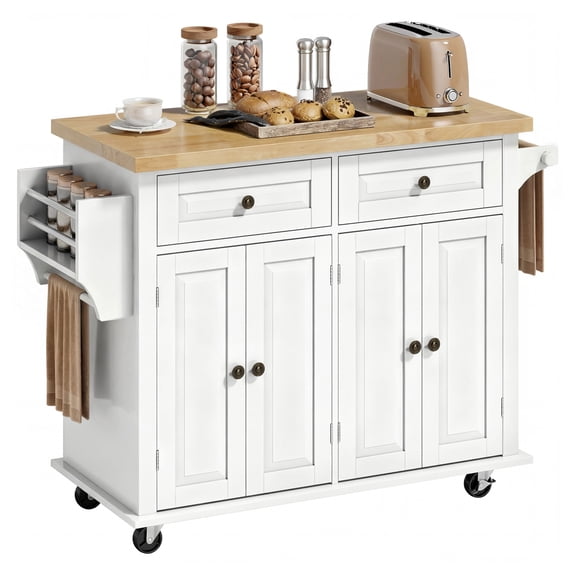 44" Kitchen Island Cart with Storage, Mobile Kitchen Island Table on Wheels, 2 Drawers, White