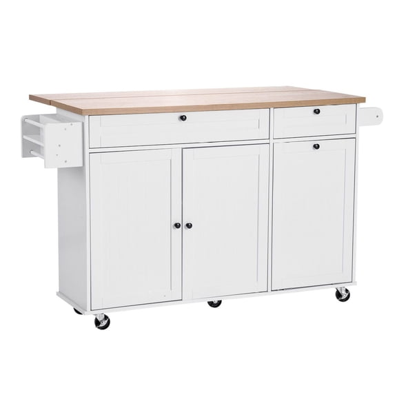 Kitchen Island Cart with Storage, 60" Wide Rolling Kitchen Island, Drop Leaf Counter, 2 Drawers, Trash Cabinet, Spice Rack - Dining/Pantry Table