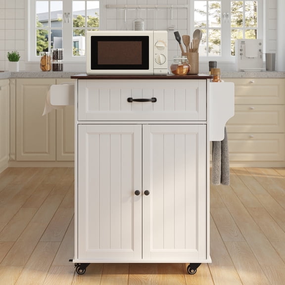 Kitchen Island Cart with Storage, Lofka Microwave Stand with Spice Rack, Towel Rack, Adjustable Shelf, 1 Drawer, White+Retro Desktop