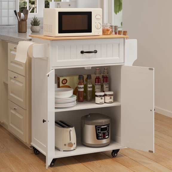Lofka Kitchen Island Cart with Storage, Microwave Stand with Spice Rack, Towel Rack, Adjustable Shelf, 1 Drawer, White