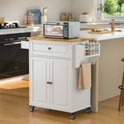 Kitchen Island Cart with Storage, Microwave Cart with Spice Rack, Towel Rack & Drawer, White
