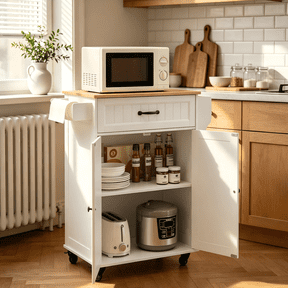 Lofka Kitchen Island Cart with Storage on Wheels, Microwave Stand with Spice Rack & Towel Rack, White Rolling Kitchen Cart with Drawer, Adjustable Shelf for Small Kitchen, Dining Room