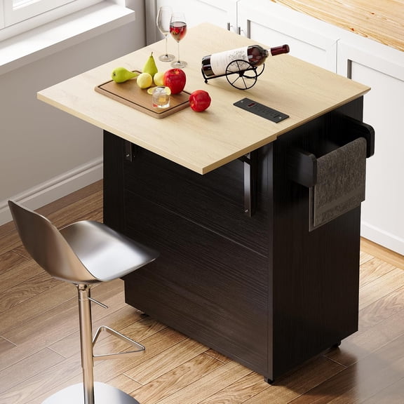 Kitchen Island Cart with Storage, Rolling Kitchen Table with Power Outlet, Storage Cabinets on Wheels with Drop Leaf, Portable for Dining Room, Black