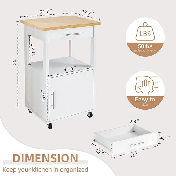 Kitchen Island Cart with Storage,Rolling Side Table on Wheels with Worktop,Single Door Cabinet and Drawer for Dinning Room, White