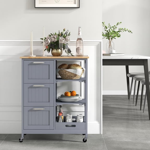 Kitchen Island Cart with Storage & Wheels, Rolling Small Island Table with Drawers & Shelves for Home (Grey)
