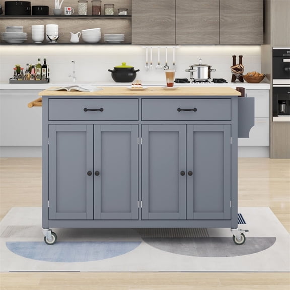Kitchen Island Cart with Tabletop and Locking Wheels, 54.3" Rolling Kitchen Trolley Cart with 4 Door Cabinet and 2 Drawers, Spice Towel Rack, Blue