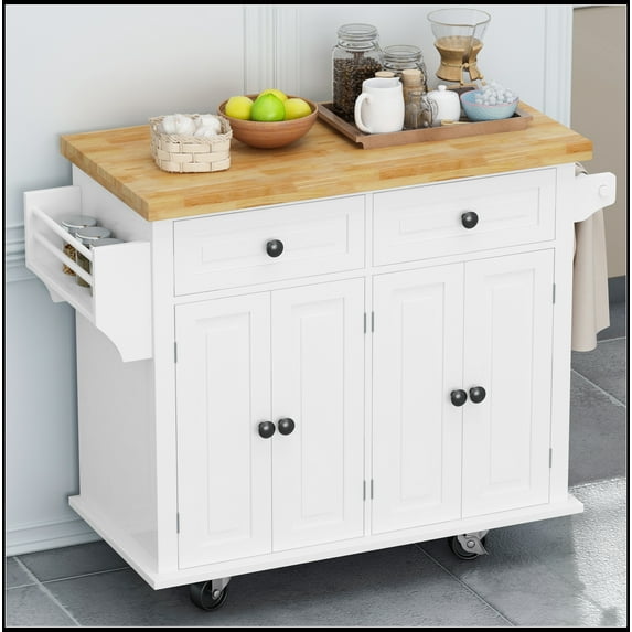 Kitchen Island Cart with Two Storage Cabinets and Two Locking Wheels,4 Door Cabinet and Two Drawers,Spice Rack, Towel Rack