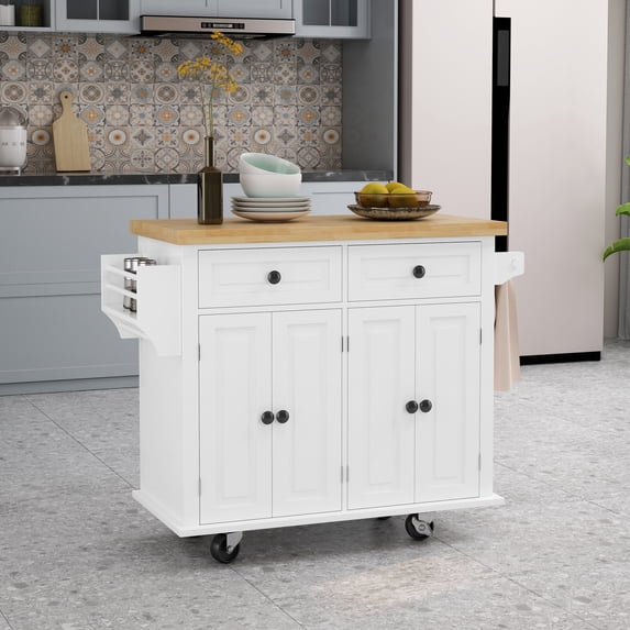 Kitchen Island Cart with Two Storage Cabinets and Two Locking Wheels,43.31 Inch Width,4 Door Cabinet and Two Drawers,Spice Rack, Towel Rack