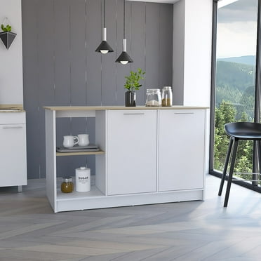 Kitchen Island with Double Door Cabinet, Modern Kitchen Island with Open Shelves, Island Storage Cabinet with Large Top Surface for Kitchen,Dining Room