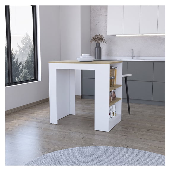Kitchen Island Doyle, Three Side Shelves, White and Light Oak Finish