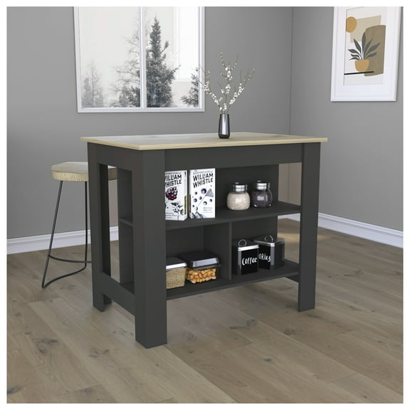 Kitchen Island Dozza, Three Shelves, Black Wengue / Light Oak Finish
