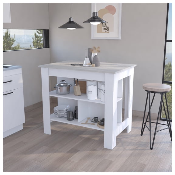 Kitchen Island Dozza, Three Shelves, White / Ibiza Marble Color Finish