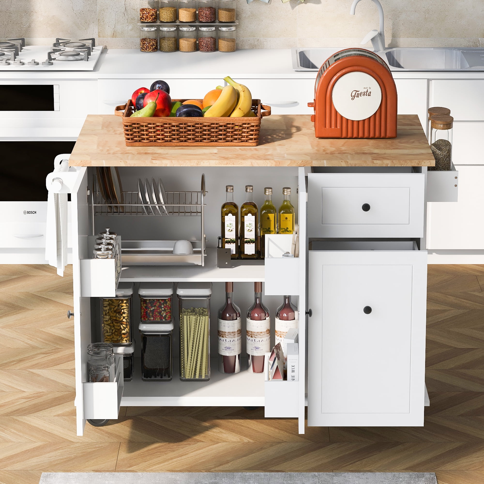 White Wood Drop Leaf Kitchen Cart with Spice Rack and Storage