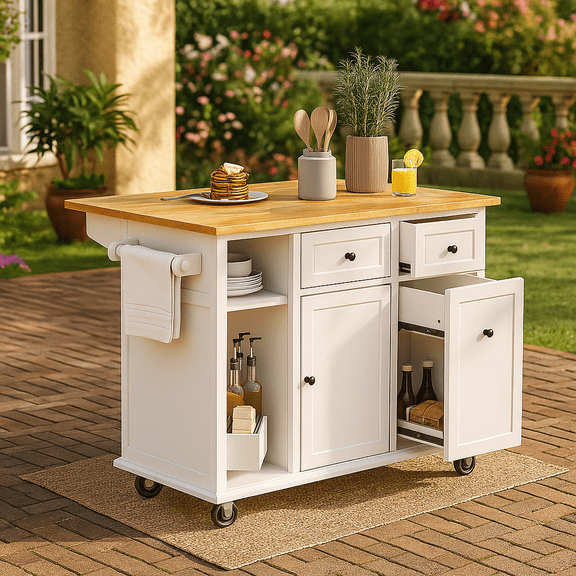 Kitchen Island with Drop Leaf, 53.9" Width Rolling Kitchen Cart on Wheels with Internal Storage Rack and 3 Tier Pull Out Cabinet Organizer, Kitchen Storage Cart with Spice Rack, Towel Rack (White)