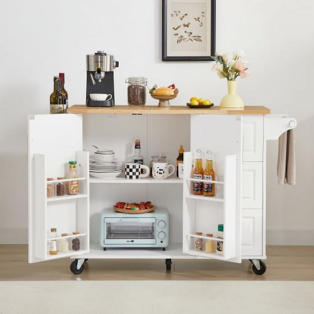 Kitchen Island with Drop Leaf Countertop, Rolling Cart with Barn Door Storage Cabinet & Tower Rack, On-Wheels Island Table for Kitchen, White