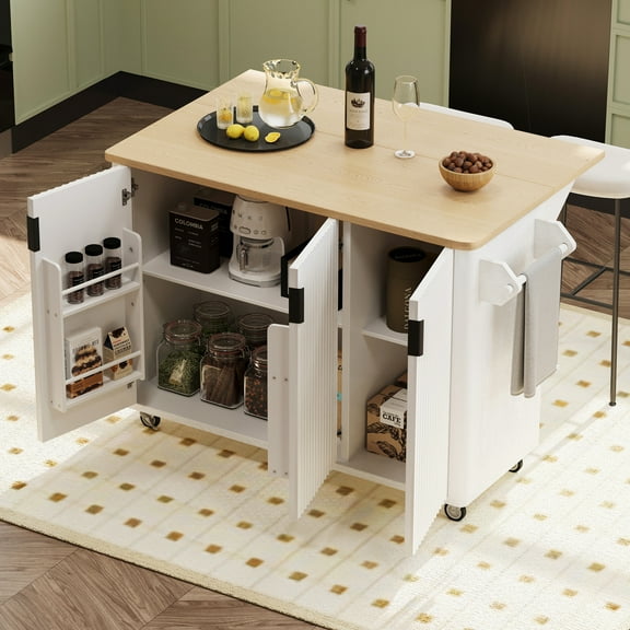 Kitchen Island with Drop Leaf, Farmhouse Accent Kitchen Island on Wheels with Internal Storage Rack, Rolling Kitchen Cart with Towel Rack for Kitchen, Dining Room, White