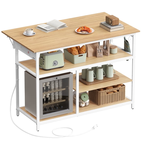 Kitchen Island with Drop Leaf, Kitchen Workbench with Extendable Worktop, Kitchen Cart, Pegboard, Power Strip, Adjustable Shelf, Golden Oak and Cloud White