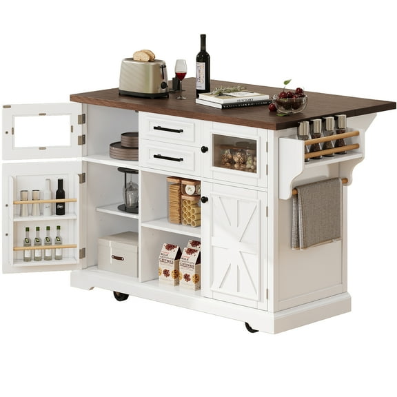 Kitchen Island with Drop Leaf, Power Outlet, Farmhouse Storage Cart, 4 Door Shelves, Cross Barn & Glass Doors, Rolling Mobile Cart for Small Kitchen, Dining Room, White