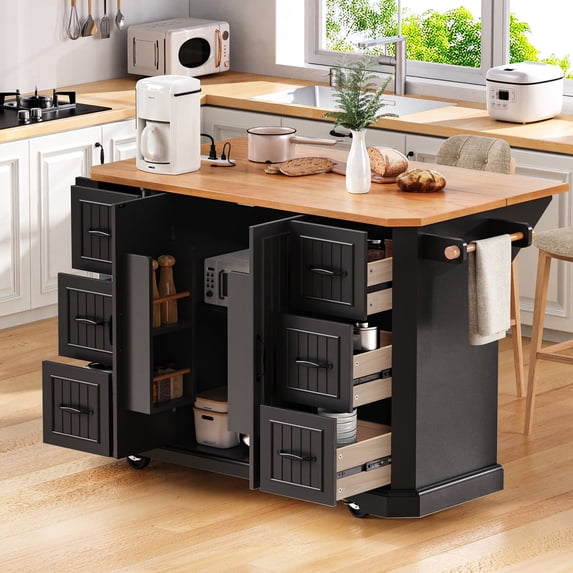 Kitchen Island with Drop Leaf and Power Outlet – 56" Rubber Wood Veneer Top, Rolling Storage Cart on 4 Wheels with 6 Deep Drawers and 4 Door Shelves, for Kitchen and Dining Room, Black