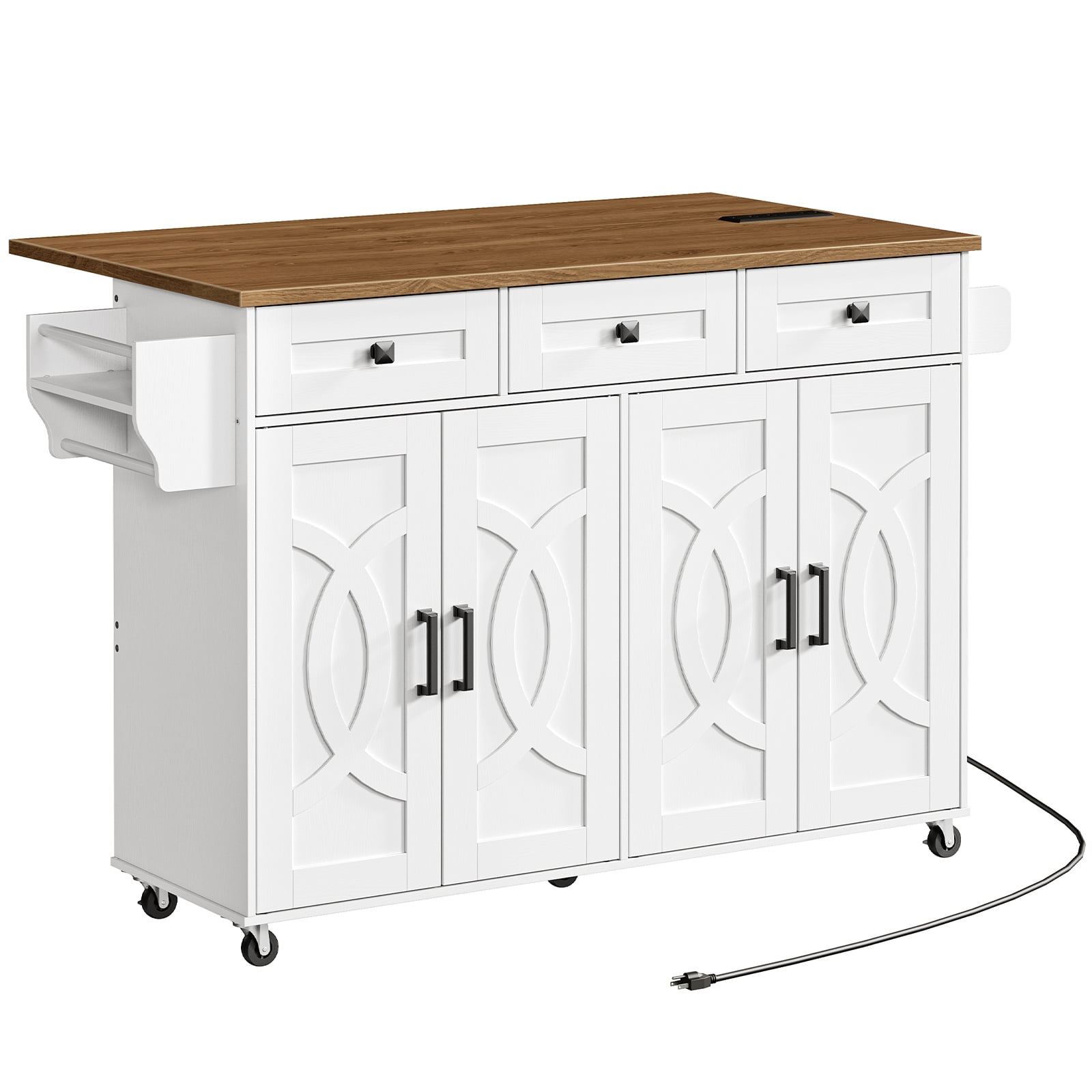 Kitchen Island with Drop Leaf, Rolling Kitchen Island with Storage and Power Outlet, Kitchen Cart with 3 Drawers and Adjustable Shelves, Towel and Spice Rack, White and Walnut