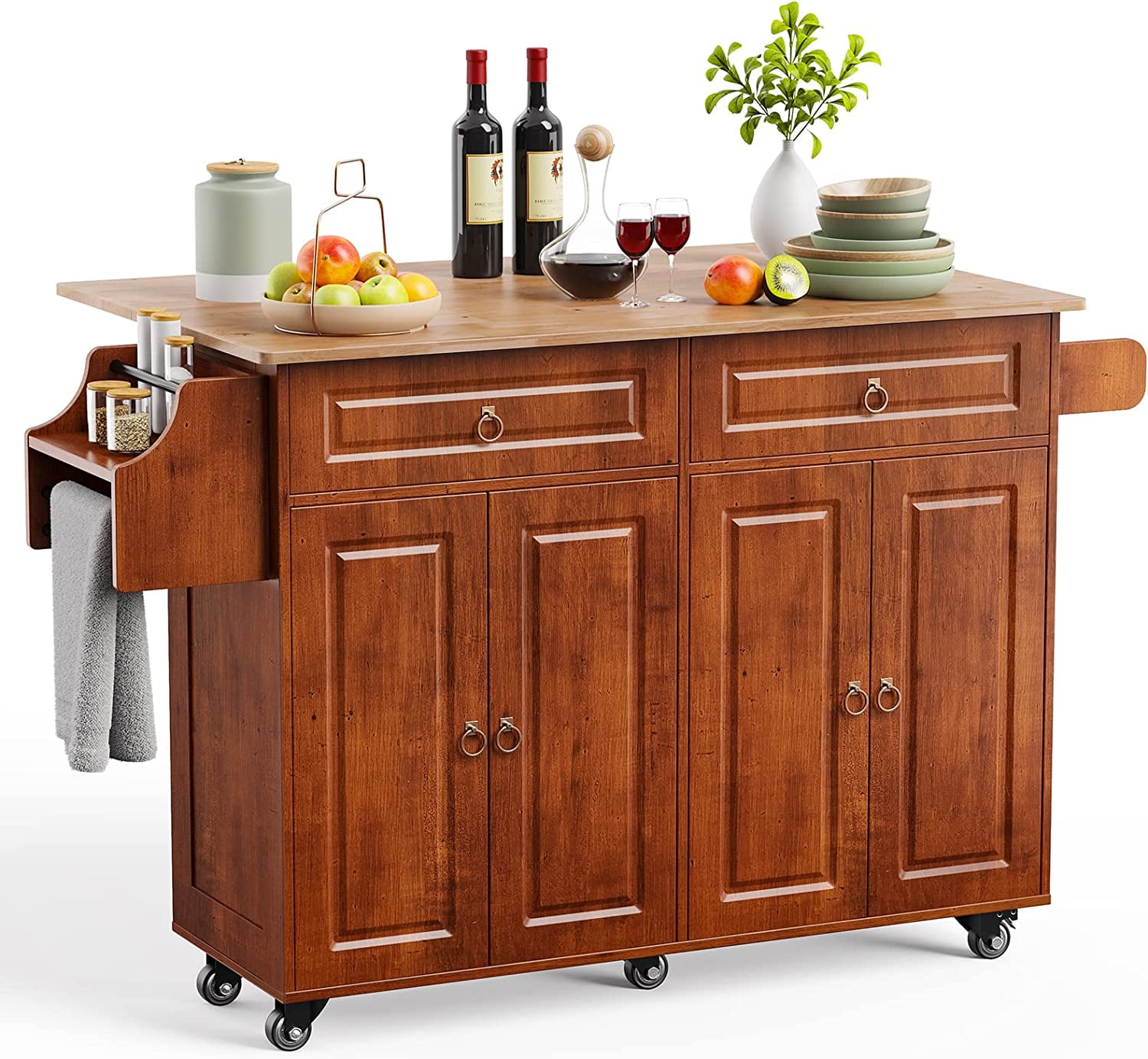 Kitchen Island with Drop Leaf and Storage, on Wheels Two Drawers, Large Storage Towel