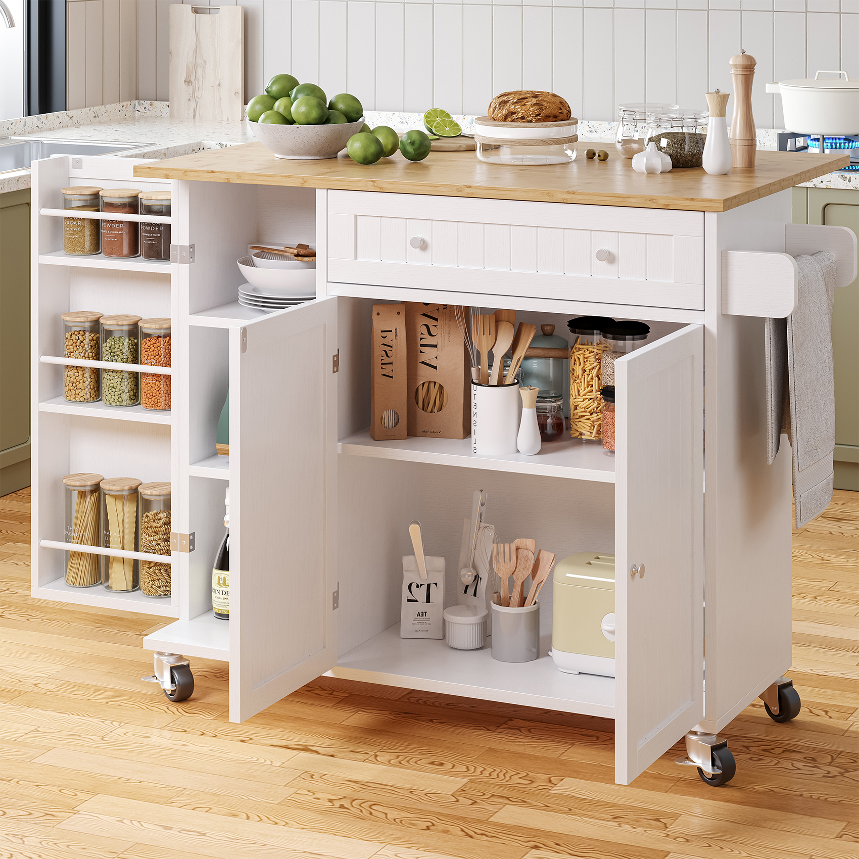 Kitchen Island with Drop Leaf, Island Table on Wheels with Storage