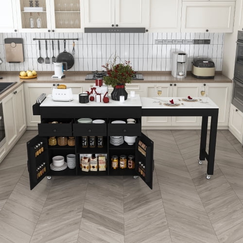 Kitchen Island with Extendable Dining Table, Rolling Kitchen Cart with Power Outlet, Mobile Storage Cart with 3 Drawers & Cabinet, Black Marble Veneer Top for Small Kitchen Dining Room