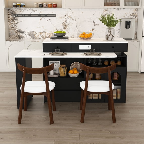 Kitchen Island with Extendable & Rotating Table, MDF with Walnut Veneer Retro Design, 4 Drawers & Glass Door Cabinets with Built-in Socket, Expandable Dining Station for 2-4 Person