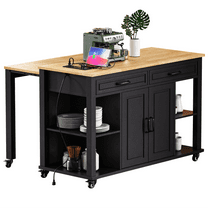 Kitchen Island with Extendable Table and Power Outlet, Wood Kitchen Rolling Cart with 2 Drawers & 2 Cabinets, Internal Storage Rack and Adjustable Shelf, Black