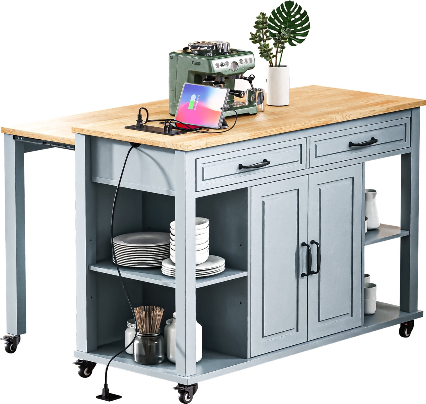 Kitchen Island with Extendable Table and Power Outlet, Wood Kitchen ...