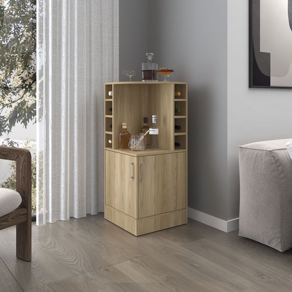 Kitchen Island Furniture FM FURNITURE Toyei Corner Bar Cabinet with Bottle Rack, Open Shelves, and Hidden Storage, Natural Oak,Dining Kitchen Carts
