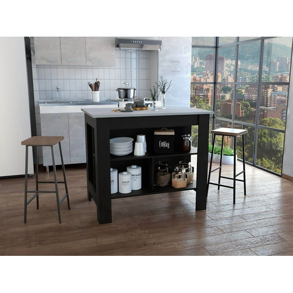 Kitchen Island Furniture Kitchen Island, kitchen table 35" H, Four Legs, Three Open Storage Shelves, Black / Ibiza Marble,Dining Kitchen Carts
