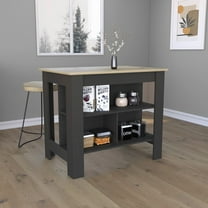 Kitchen Island Furniture Kitchen Island, kitchen table 35" H, Four Legs, Three Open Storage Shelves, Black / Light Oak,Dining Kitchen Carts