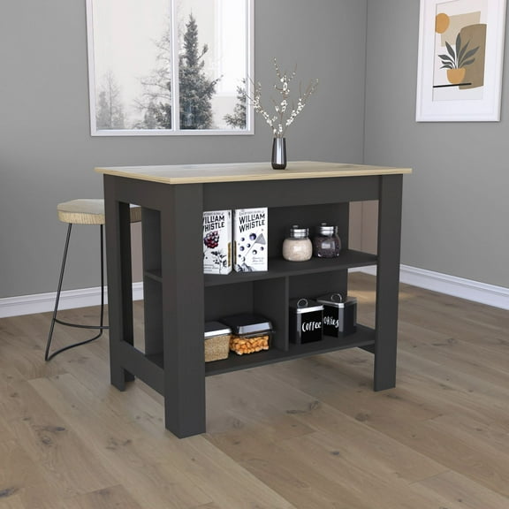 Kitchen Island Furniture Kitchen Island, kitchen table 35" H, Four Legs, Three Open Storage Shelves, Black / Light Oak,Dining Kitchen Carts