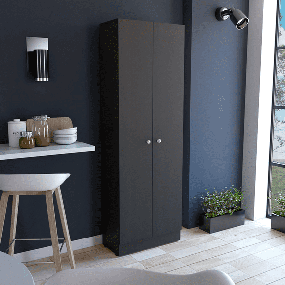 Kitchen Island Furniture Multistorage Cabinet 71" H, Two Doors, Five Internal Shelves, Black,Dining Kitchen Carts