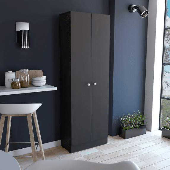 Kitchen Island Furniture Multistorage Cabinet 71" H, Two Doors, Five Internal Shelves, Black,Dining Kitchen Carts