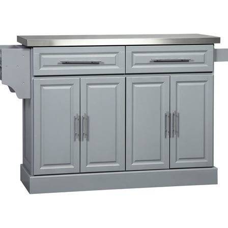 Kitchen Island , Gray, Stainless Steel Top, 2 Drawers, Cabinets, Spice Rack, Towel Easy To Move On Wheels With Storage Drawers Rack
