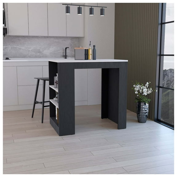 Kitchen Island, Kitchen Bar Table 36" H, with 3-Side Shelves, White, Wengue/ Ibiza Marble Color Finish