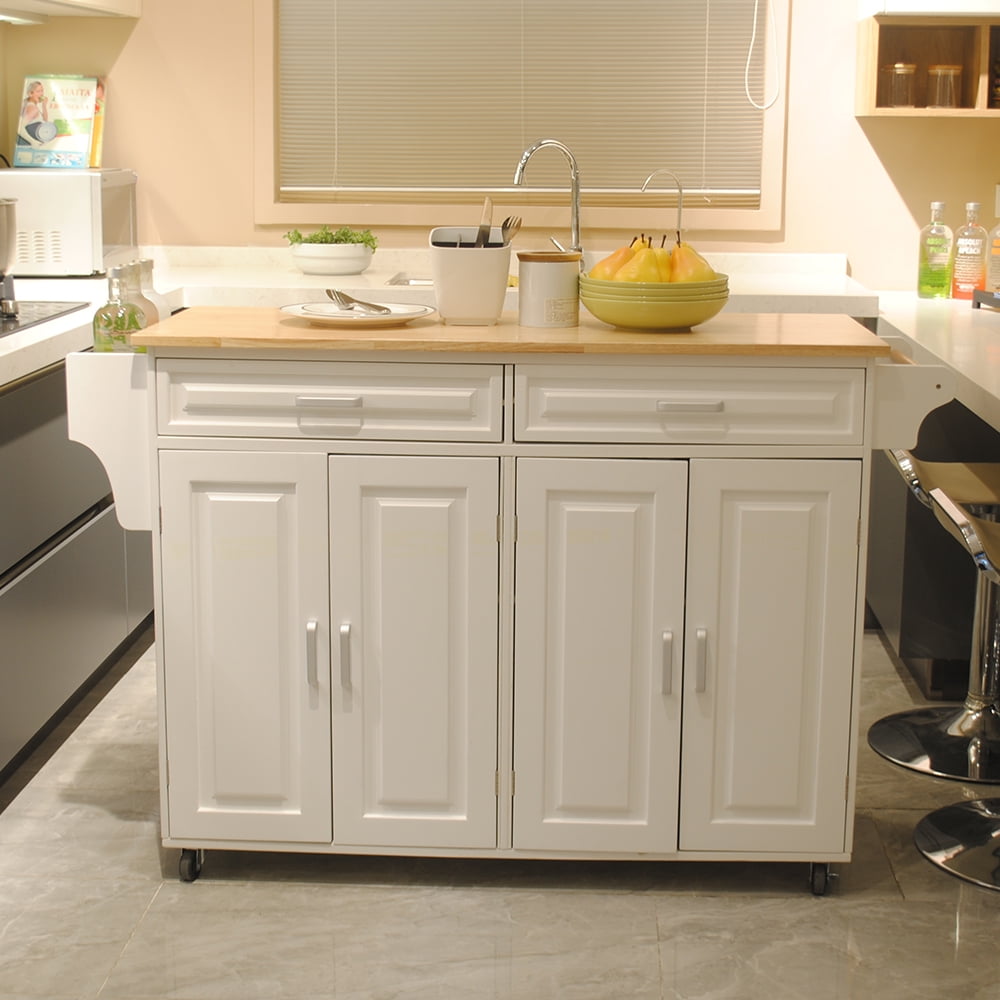 Kitchen Island & Kitchen Cart, Mobile Kitchen Island, Rubber Wood Top, Big & Adjustable Shelf Inside Cabinet for Different Utensils