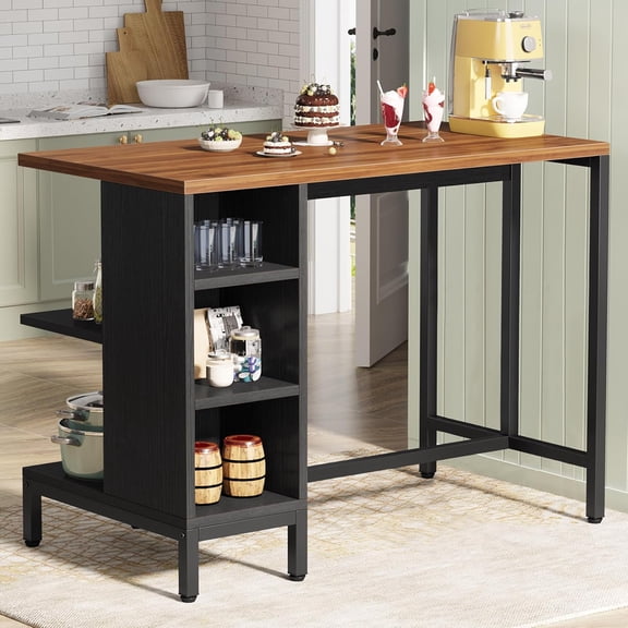 Kitchen Island, Kitchen Shelf Bar Table with 5 Open Storage Shelves and Large Worktop, Industrial Butcher Block Island (Stools Not Included)