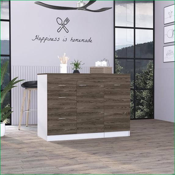 Kitchen Island | L-Shaped Convertible 3-Drawer Storage | White & Dark Walnut | Brown | Particle Board