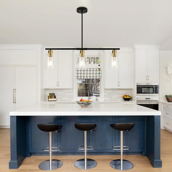 Kitchen Island Lighting, 3 Lights Black Linear Chandeliers Modern Farmhouse Chandelier with Glass Shades for Kitchen Island Living Dining Room Foyer Bedroom (Black Gold, 3 Lights)