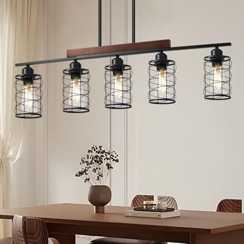 Kitchen Island Lighting, 5-Light Dining Room Light Fixture Over Table, Black Metal & Wood Linear Chandeliers with Cage Shade, Farmhouse Rustic Hanging Ceiling Pendant Light Fixtures for Kitchen