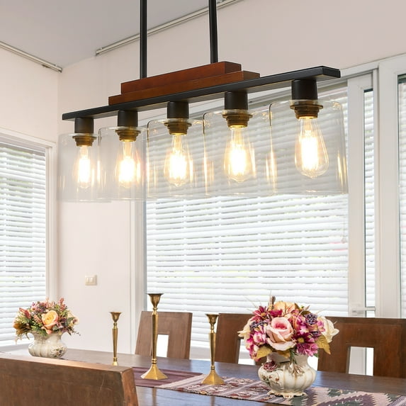 Kitchen Island Lighting, 5 Lights Glass Pendant Light Fixtue, Height Adjustable, E26 Socket, Metal Chandelier for Dining&Living Room Foyer