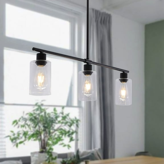 Kitchen Island Lighting Pendant Lights with3-Light Clear Glass Shade, Matte Black Hanging Ceiling Light Fixture Dining Room, Adjustable Height