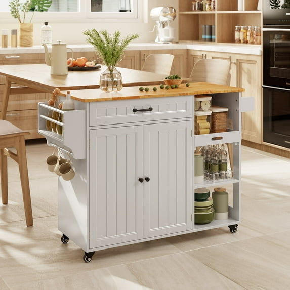 Kitchen Island, Lofka 41.7" W Kitchen Island with Storage, Rolling Island Table with Drop Leaf, Adjustable Shelf, Spice/Towel Rack, White