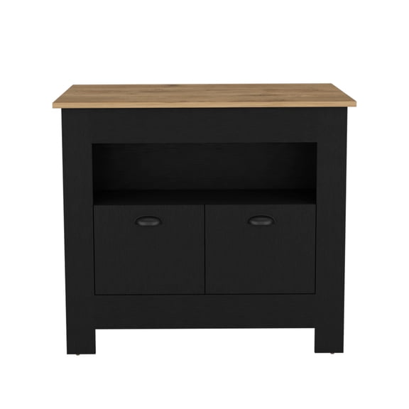 Kitchen Island with Macadamia Countertop and Black Engineered Wood Frame, 40.5 x 27.5 Workspace with Open Storage Shelf and Dual Cabinets for Food Prep and Baking Station