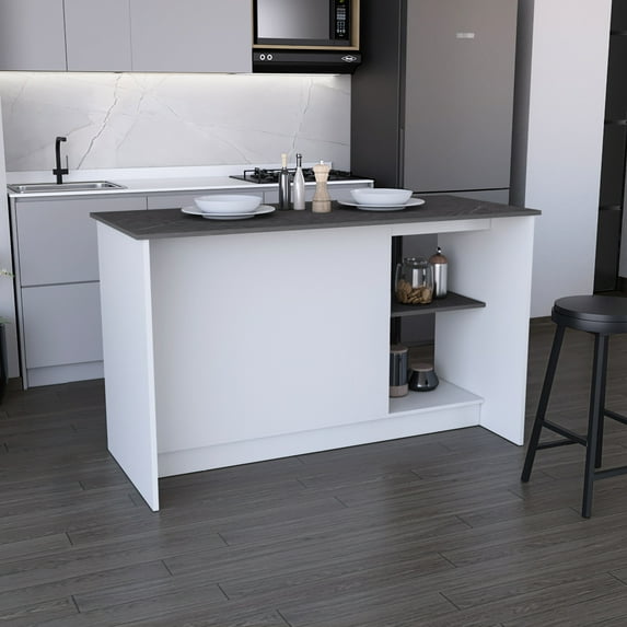 Kitchen Island With Massive White Countertop, Open Storage & Double Door Cabinet. Ensures Ample Workspace. Stores Pots, Pans, Dishes. 25.21" D X 59" W 35.98" H. Engineered Wood, Solid Wood + .